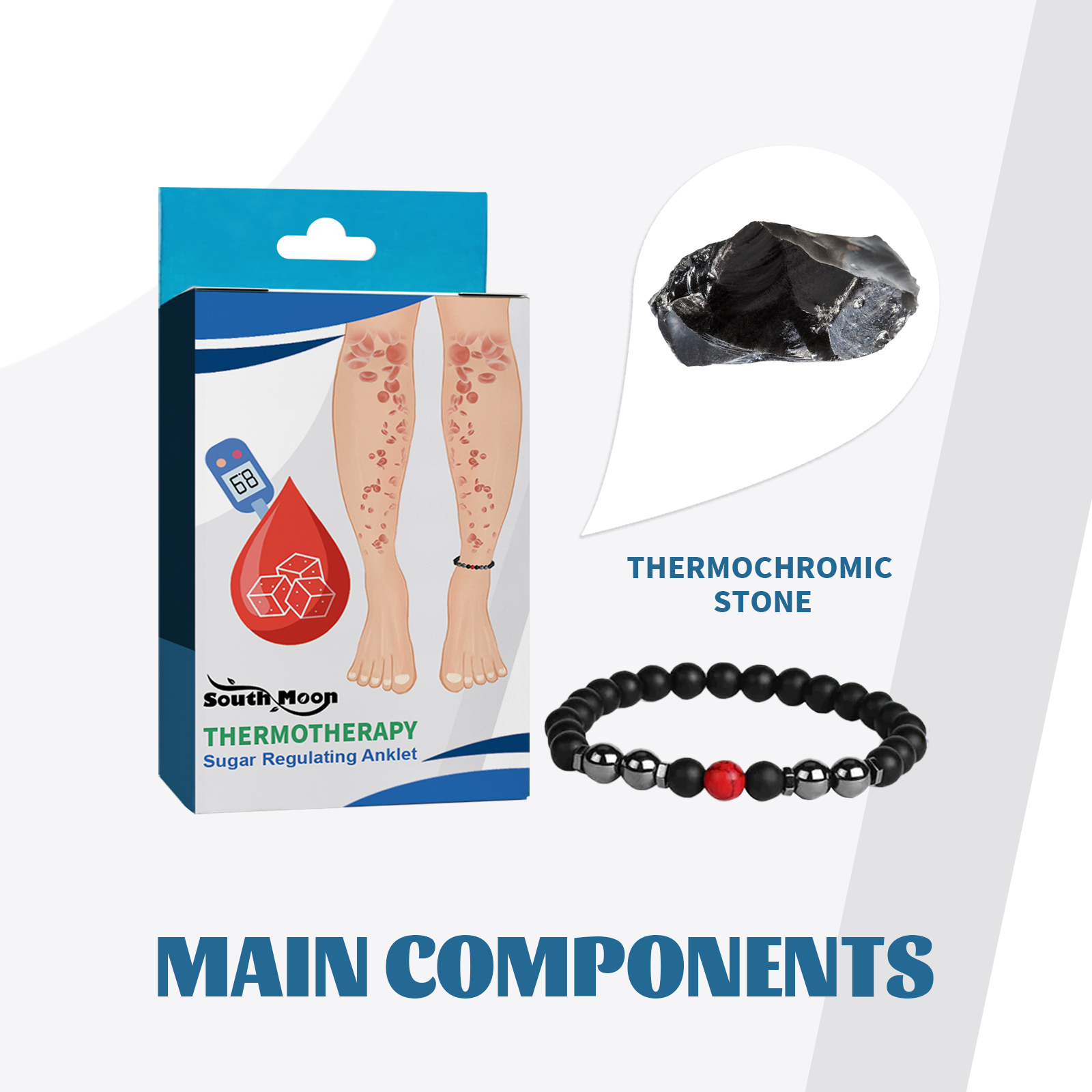 South Moon Body Care Anklet Body Care Adjust Balance Relieve Discomfort Care AnkletNet content: 1 piece  
   Product name: Body care anklet  
   Keywords: Body Care  
   Gross weight: 25g  
   Ingredients: Thermochromic Stone  
   Packaging size: 10.8*1.4*6.3cm  
   Product Size: 8*8cm  
   Box size: 56*36*21.5cm  
   Packing quantity: 500 pieces  
   Weight of one box: 13.25kgML Clinic  for Wellness