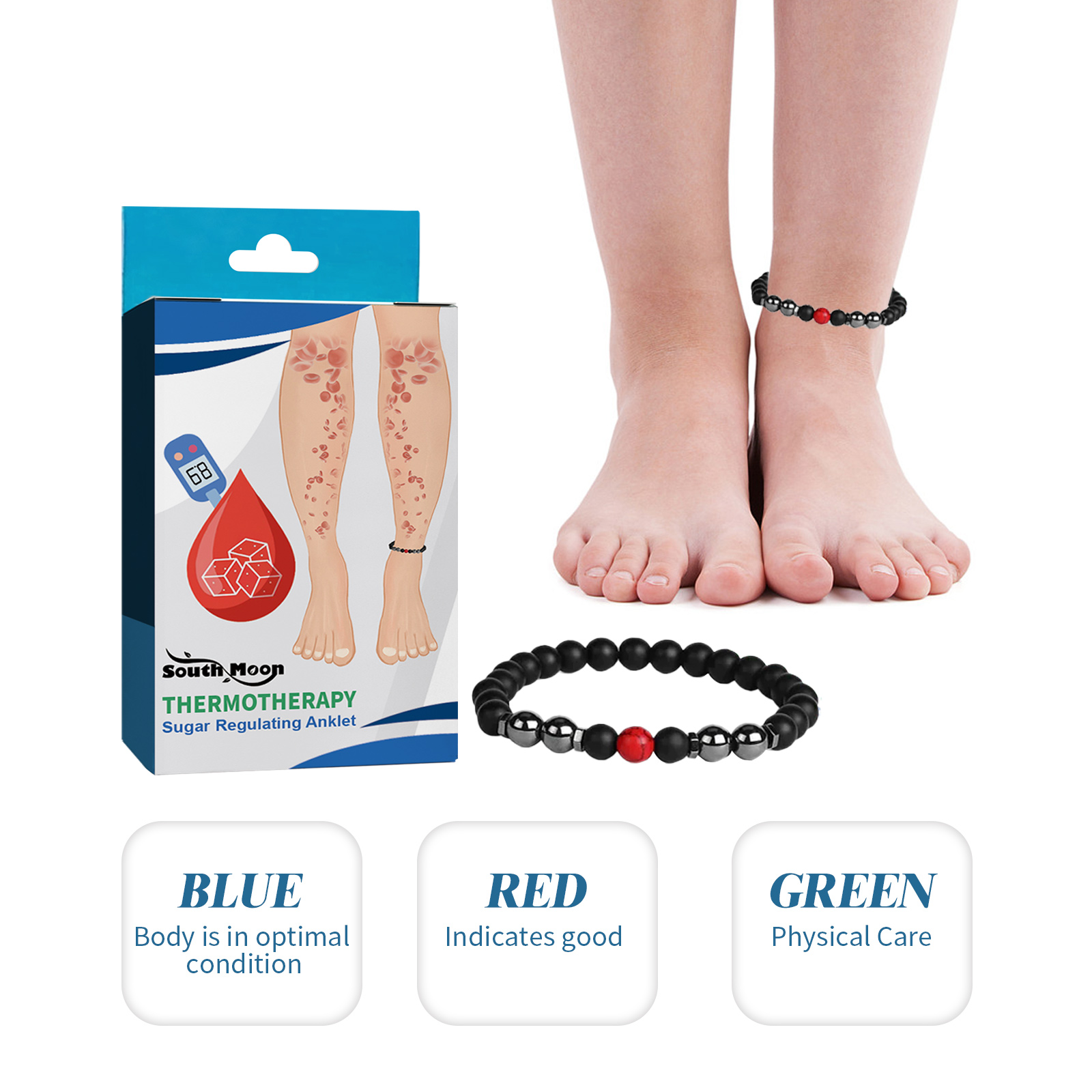 South Moon Body Care Anklet Body Care Adjust Balance Relieve Discomfort Care AnkletNet content: 1 piece  
   Product name: Body care anklet  
   Keywords: Body Care  
   Gross weight: 25g  
   Ingredients: Thermochromic Stone  
   Packaging size: 10.8*1.4*6.3cm  
   Product Size: 8*8cm  
   Box size: 56*36*21.5cm  
   Packing quantity: 500 pieces  
   Weight of one box: 13.25kgML Clinic  for Wellness