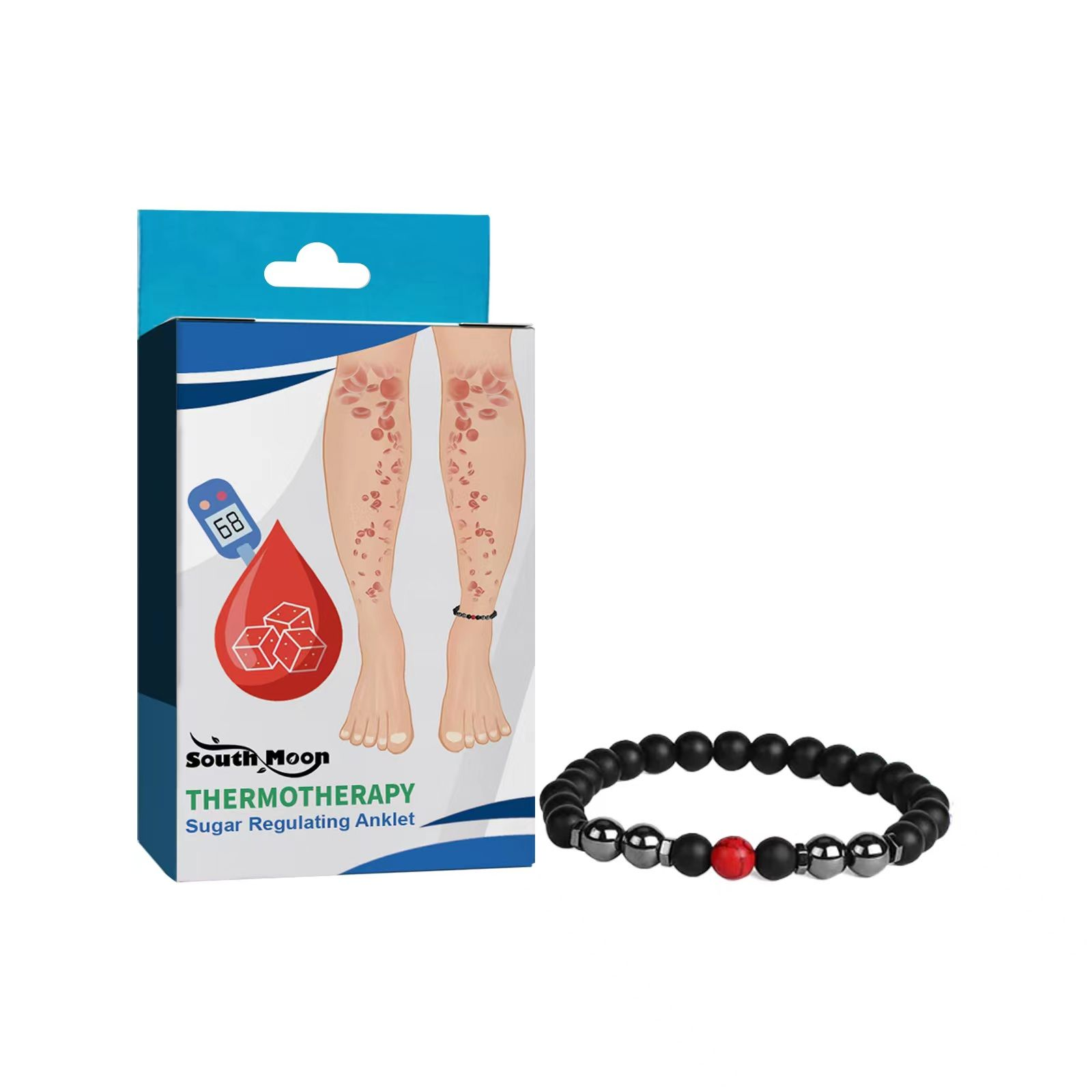 South Moon Body Care Anklet Body Care Adjust Balance Relieve Discomfort Care AnkletNet content: 1 piece  
   Product name: Body care anklet  
   Keywords: Body Care  
   Gross weight: 25g  
   Ingredients: Thermochromic Stone  
   Packaging size: 10.8*1.4*6.3cm  
   Product Size: 8*8cm  
   Box size: 56*36*21.5cm  
   Packing quantity: 500 pieces  
   Weight of one box: 13.25kgML Clinic  for Wellness