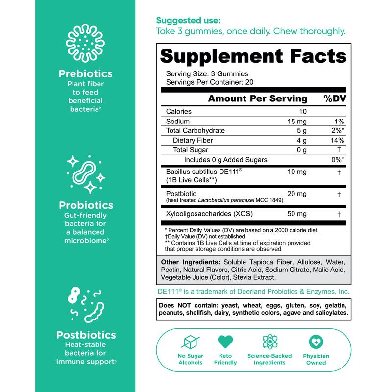 Goli Zero Sugar World's First 3-in-1 Pre, Post, Probiotic Gummies - Gluten Free, Vegan, Non-GMO, & Gelatin-FreeBrand: Goli  
 Ingredient Feature: Sugar Free, Lactose Free, Dairy Free, Gluten Free, GMO Free, Vegan  
 Health Benefits: Digestion  
 Manufacturer: Goli Nutrition  
 Age Warning: No  
 Ingredients: prebiotics  
 Region of Origin: USAML Clinic  for Wellness