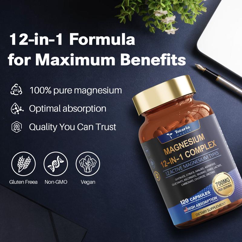 Totaria 12-in-1 Magnesium Complex 700mg - Supplement with Glycinate, Citrate, Malate, Oxide, Taurate, Aspartate, Orotate, Vegan Capsules for Muscle, Heart, and Relaxation SupportML Clinic  for Wellness