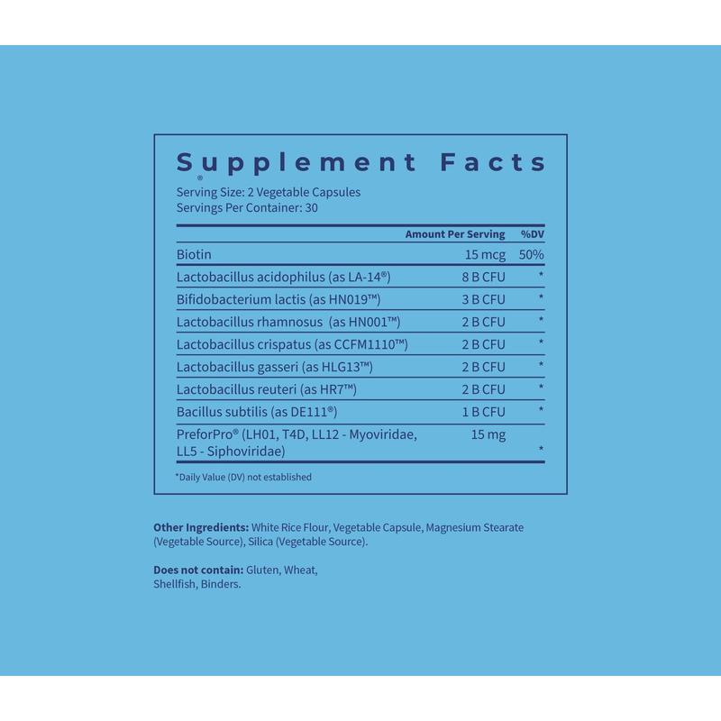 Happy V Vaginal Prebiotic + Probiotic for Women - Clinically Proven pH Balance & BV Treatment, Natural Yeast Infection Support, 60 Vegan CapsulesBrand: Happy V  
 Ingredient Feature: GMO Free, Vegan, Soy Free, Sugar Free, Lactose Free, Dairy Free, Gluten Free, Organic  
  Dietary Needs: Vegan, Gluten-free, Vegetarian, Halal  
 Dangerous Goods or Hazardous Materials: None  
 Dietary Supplement Disclaimer: Yes  
 Flavor: Mint  
  Health Benefits: Gut Health, Bloating, Digestion, Unbloat, Gas, Food Intolerance, IBS, Severe Bloat Relief, Nutrient Absorption  
 Net Weight: 85g  
 Allergen Information: Major Allergen Free  
 Pack Type: Single Item  
 Shelf Life: 24 Months  
 Product Form: Capsules  
 Manufacturer: Happy V  
 Age Warning: No  
 Ingredients: PreforPro (LH01,T4D,LL12) - Myoviridae, LL5 - Siphoviridae), Bacillus subtilis (as) DE111), Lactobacillus reuteri (as) HR7), Lactobacillus gasseri (as) HLG13), Lactobacillus crispatus (as) CCFM1110), Lactobacillus rhamnosus (as) HN001), Bifidobacterium lactis (HN019), Lactobacillus acidophilus (as) LA-14), Biotin  
 Region of Origin: USAML Clinic  for Wellness