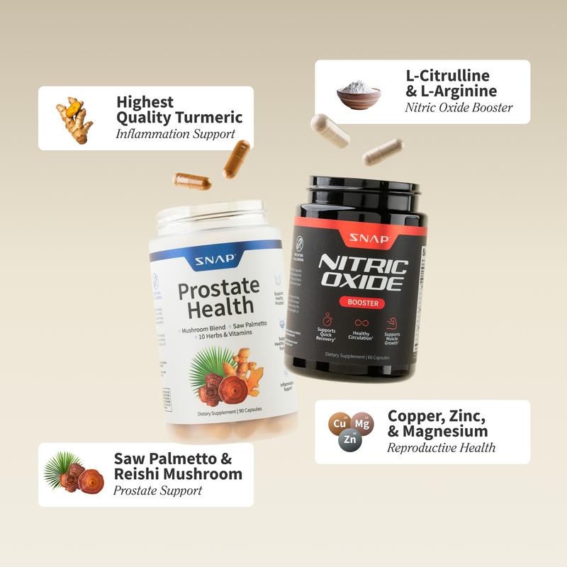 Ultimate Men's Health Bundle - Snap Supplements - Nitric Oxide Booster 60ct + Prostate Health Bundle - Natural Supplement Capsules - Support Blood Circulation & Prostate HealthBrand: Snap Supplements
Ingredient Feature: GMO Free, Vegan, Sugar Free, Soy Free, Gluten Free
 Dietary Needs: Vegan, Gluten-free, Vegetarian
Dangerous Goods or Hazardous Materials: None
Dietary Supplement Disclaimer: Yes
 Health Benefits: Prostate Support, Blood Pressure Control, Brain Health, Energy, Heart Health, Detoxing, Immune
Manufacturer: Snap Supplements
Age Warning: Yes
Ingredients: L-Citrulline, L-Arginine, Saw Palmetto
Region of Origin: USAML Clinic  for Wellness