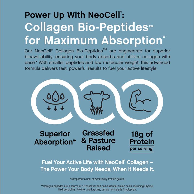 NeoCell Collagen Bio-Peptides Powder - Supports an Active Lifestyle - Superior Absorption - 20g of Collagen - Unflavored - 20oz (567g)Brand: Neocell  
 Dangerous Goods or Hazardous Materials: None  
 Dietary Supplement Disclaimer: Yes  
 Health Benefits: Hair & Nail Care, Skin Care  
 Manufacturer: NEOCELL  
 Age Warning: No  
 Ingredients: Collagen  
 Region of Origin: USAML Clinic  for Wellness
