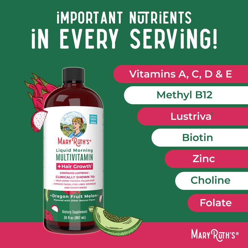 MaryRuth's Liquid Multivitamin + Hair Growth - Clinically Tested Lustriva for Thicker Hair in Women - Improves Facial Wrinkles - Vegan - 30 Fl OzBrand: MaryRuth's
Ingredient Feature: Sugar Free, Dairy Free, GMO Free, Vegan
Dangerous Goods or Hazardous Materials: None
Dietary Supplement Disclaimer: Yes
CA Prop 65: ReproChemicals: No
CA Prop 65: Carcinogens: No
Flavor: Dragon Fruit Melon
Age Group: Adults
Health Benefits: Hair & Nail Care
Quantity Per Pack: 1
Product Form: Liquid
Manufacturer: MaryRuth's
Age Warning: Yes
Ingredients: 15
Region of Origin: USAML Clinic  for Wellness