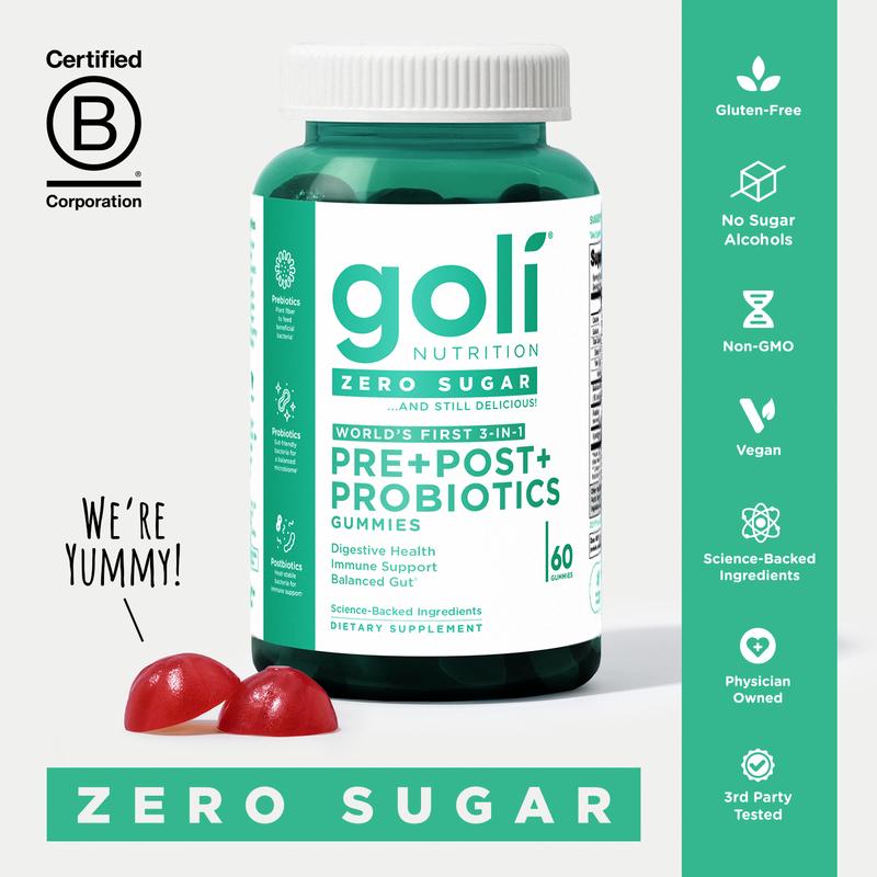 Goli Zero Sugar World's First 3-in-1 Pre, Post, Probiotic Gummies - Gluten Free, Vegan, Non-GMO, & Gelatin-FreeBrand: Goli  
 Ingredient Feature: Sugar Free, Lactose Free, Dairy Free, Gluten Free, GMO Free, Vegan  
 Health Benefits: Digestion  
 Manufacturer: Goli Nutrition  
 Age Warning: No  
 Ingredients: prebiotics  
 Region of Origin: USAML Clinic  for Wellness