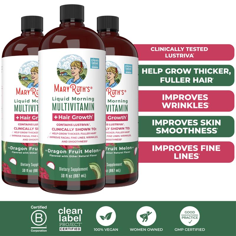 MaryRuth's Liquid Multivitamin + Hair Growth - Clinically Tested Lustriva for Thicker Hair in Women - Improves Facial Wrinkles - Vegan - 30 Fl OzBrand: MaryRuth's
Ingredient Feature: Sugar Free, Dairy Free, GMO Free, Vegan
Dangerous Goods or Hazardous Materials: None
Dietary Supplement Disclaimer: Yes
CA Prop 65: ReproChemicals: No
CA Prop 65: Carcinogens: No
Flavor: Dragon Fruit Melon
Age Group: Adults
Health Benefits: Hair & Nail Care
Quantity Per Pack: 1
Product Form: Liquid
Manufacturer: MaryRuth's
Age Warning: Yes
Ingredients: 15
Region of Origin: USAML Clinic  for Wellness