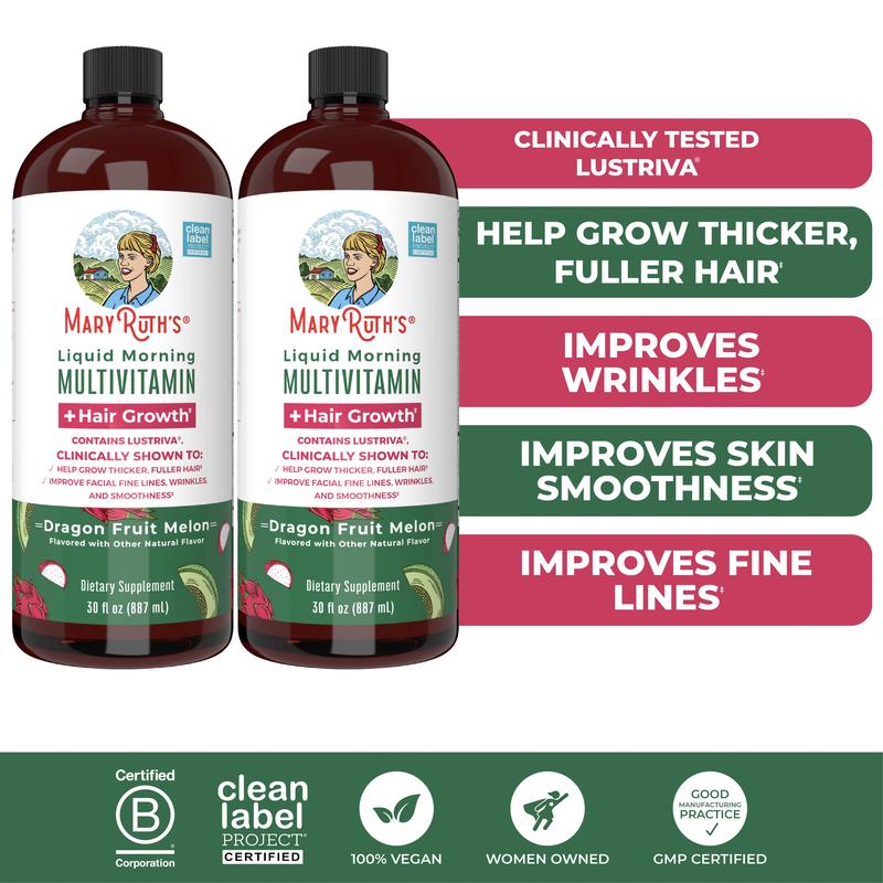 MaryRuth's Liquid Multivitamin + Hair Growth - Clinically Tested Lustriva for Thicker Hair in Women - Improves Facial Wrinkles - Vegan - 30 Fl OzBrand: MaryRuth's
Ingredient Feature: Sugar Free, Dairy Free, GMO Free, Vegan
Dangerous Goods or Hazardous Materials: None
Dietary Supplement Disclaimer: Yes
CA Prop 65: ReproChemicals: No
CA Prop 65: Carcinogens: No
Flavor: Dragon Fruit Melon
Age Group: Adults
Health Benefits: Hair & Nail Care
Quantity Per Pack: 1
Product Form: Liquid
Manufacturer: MaryRuth's
Age Warning: Yes
Ingredients: 15
Region of Origin: USAML Clinic  for Wellness