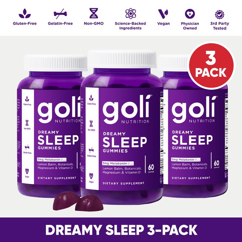 3-Pack Dreamy Sleep Gummies with Melatonin, Chamomile, Magnesium, Lemon Balm & Vitamin DHealth Benefits: Metabolism, Heart Health, Energy, Multivitamin, Immune
Quantity Per Pack: 60
Pack Type: Multi-pack
Shelf Life: 24 Months
Product Form: Chewable
Manufacturer: Goli Nutrition Inc
Age Warning: No
Ingredients: Artichoke Leaf Extract (Cynara Scolymus) 4:1, Spirulina, Bacillus Subtilis (OPTI-BIOME)® 40MB), aloe vera, kale, moringa leaves, broccoli, barley grass, chlorella, parsley, spinach, celeryOtherIngredients:VitaminA,Thiamine,NiacinVitaminB6,Folate(Folic)Acid)VitaminB12,PantothenicAcid,Iron,MagnesiumZinc,OrganiccaneSugar,OrganicTapiocaSyrup,waterPectin,NaturalFlavorMalicAcid,CitricAcid,SodiumCitrateDihydrate,Organicsunflowerlecithind-alphaTocopherylAcetate
Region of Origin: USAML Clinic  for Wellness