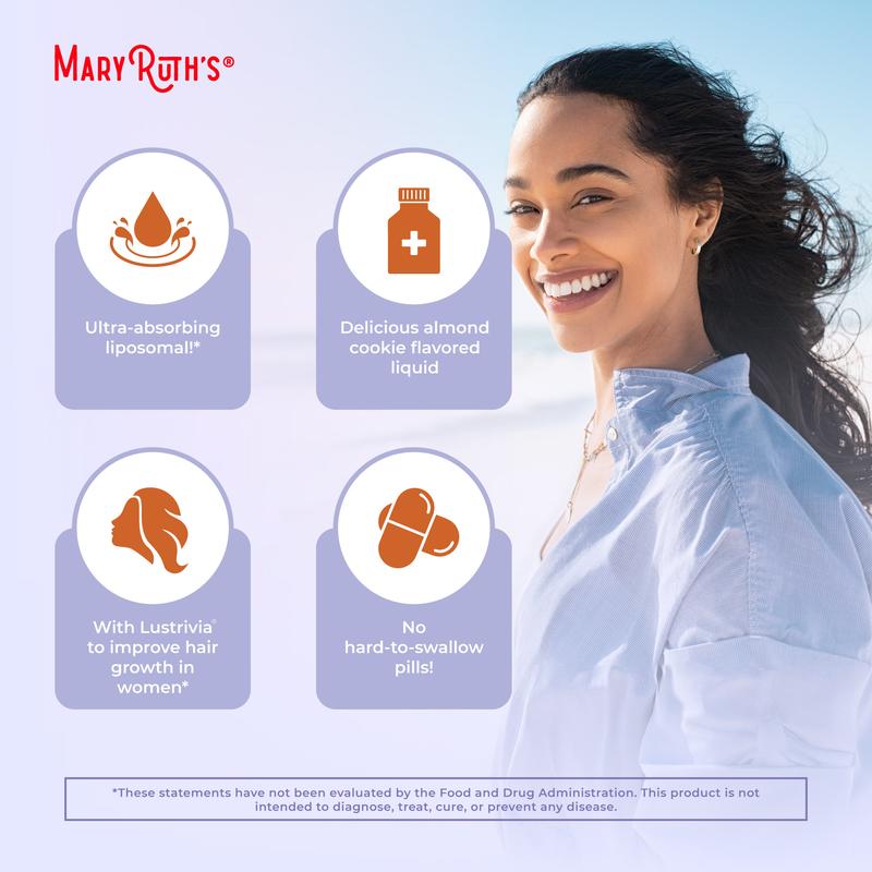 MaryRuth's Hair Growth Max Liposomal - Lustriva + Biotin 10000mcg + Pumpkin Seed Oil - Thicker Hair - Improves Wrinkles & Fine Lines - 15.22 Fl OzBrand: MaryRuth's
Ingredient Feature: GMO Free, Vegan, Sugar Free, Gluten Free, Dairy Free
Dietary Supplement Disclaimer: Yes
CA Prop 65: ReproChemicals: No
CA Prop 65: Carcinogens: No
Flavor: Almond Cookie
Health Benefits: Hair & Nail Care, Skin Care
Quantity Per Pack: 1
Pack Type: Single Item
Product Form: Liquid
Manufacturer: MaryRuth's
Age Warning: Yes
Ingredients: 15
Region of Origin: USAML Clinic  for Wellness