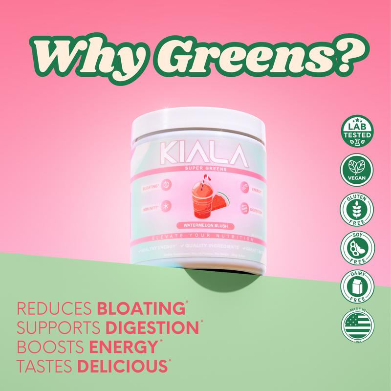 Kiala Nutrition Super Greens, Organic Greens Powder with Spirulina & Chlorella for Digestion, Gut Health, Immunity & Energy, Vegan, Watermelon SlushBrand: Kiala Nutrition  
 Ingredient Feature: Gluten Free, Vegan, GMO Free, Dairy Free, Organic, Sugar Free, Soy Free, Lactose Free  
 Dietary Supplement Disclaimer: Yes  
  Health Benefits: Clear Skin, Immunity, Digestion, Gut Health, Metabolism, Detoxing, Immune  
 Manufacturer: Kiala Nutrition  
 Age Warning: No  
 Ingredients: See Supplement Facts  
 Region of Origin: USAML Clinic  for Wellness