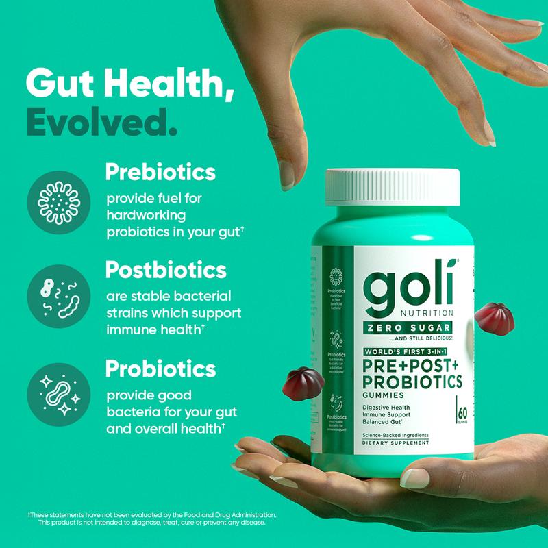 Goli Zero Sugar World's First 3-in-1 Pre, Post, Probiotic Gummies - Gluten Free, Vegan, Non-GMO, & Gelatin-FreeBrand: Goli  
 Ingredient Feature: Sugar Free, Lactose Free, Dairy Free, Gluten Free, GMO Free, Vegan  
 Health Benefits: Digestion  
 Manufacturer: Goli Nutrition  
 Age Warning: No  
 Ingredients: prebiotics  
 Region of Origin: USAML Clinic  for Wellness
