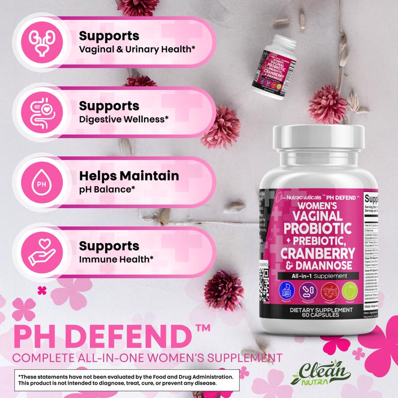 Clean Nutra PH Defend Probiotics for Women Balance with Prebiotics Cranberry Dmannose - Healthy Odor and Tract Support Made in USA Pills SupplementBrand: Clean Nutra
Ingredient Feature: Dairy Free, Soy Free, Sugar Free, Lactose Free
Dangerous Goods or Hazardous Materials: None
Dietary Supplement Disclaimer: Yes
Health Benefits: Multivitamin, Energy
Shelf Life: 24 Months
Product Form: Capsules
Manufacturer: Clean Nutraceuticals
Age Warning: Yes
Ingredients: Digestive Enzymes, Prebiotics, D-Mannose, Cranberry, Women's Probiotic
Region of Origin: USAML Clinic  for Wellness