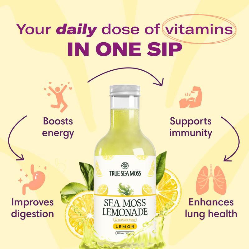 Sea Moss Lemonade Pack of 4 - Lemon, Mango, Berry, Pina Colada - Sea Moss Helps with Immune Support, Thyroid Support & Digestion SupportBrand: True Sea Moss
Ingredient Feature: Organic, Gluten Free, GMO Free, Vegan, Natural, Alcohol Free, Vitamin C, Vitamin E, Caffeine Free, Low Fat, Low Sugar
 Dietary Needs: Vegan, Gluten-free, Vegetarian
Dangerous Goods or Hazardous Materials: None
Age Group: All Ages
 Health Benefits: Immune, Detoxing, Energy, Multivitamin, Blood Pressure Control
Quantity Per Pack: 4
Volume: 12 oz
Pack Type: Multi-pack
Shelf Life: 12 Months
Product Form: Liquid
Manufacturer: TrueSeaMoss
Age Warning: No
Ingredients: Purified Water; Lemon Puree; Dried Sea Moss; Monk Fruit Juice Concentrate; Ascorbic Acid
Region of Origin: USAML Clinic  for Wellness