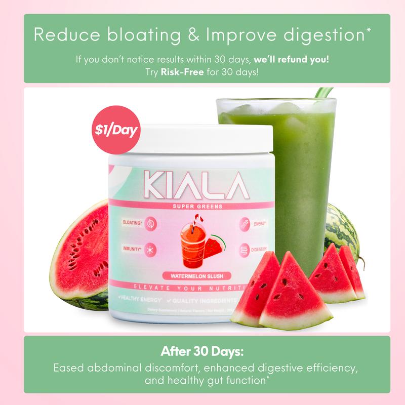 Kiala Nutrition Super Greens, Organic Greens Powder with Spirulina & Chlorella for Digestion, Gut Health, Immunity & Energy, Vegan, Watermelon SlushBrand: Kiala Nutrition  
 Ingredient Feature: Gluten Free, Vegan, GMO Free, Dairy Free, Organic, Sugar Free, Soy Free, Lactose Free  
 Dietary Supplement Disclaimer: Yes  
  Health Benefits: Clear Skin, Immunity, Digestion, Gut Health, Metabolism, Detoxing, Immune  
 Manufacturer: Kiala Nutrition  
 Age Warning: No  
 Ingredients: See Supplement Facts  
 Region of Origin: USAML Clinic  for Wellness