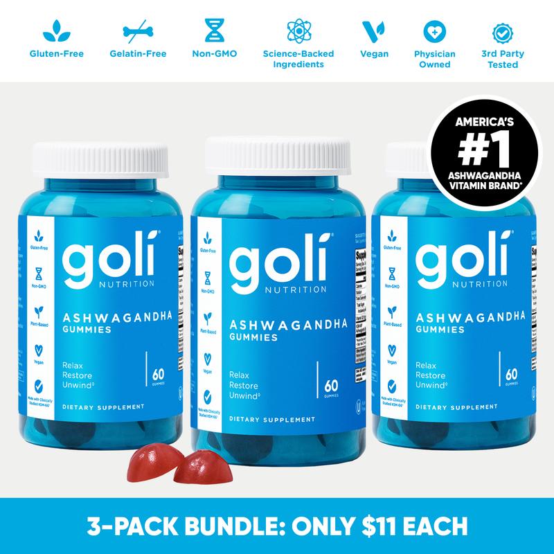 3 Bottles of Goli Ashwagandha & Vitamin D Gummy - Mixed Berry, KSM-66, Vegan, Plant-Based, Non-GMO, Gluten & Gelatin FreeML Clinic  for Wellness