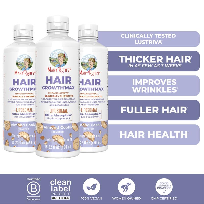 MaryRuth's Hair Growth Max Liposomal - Lustriva + Biotin 10000mcg + Pumpkin Seed Oil - Thicker Hair - Improves Wrinkles & Fine Lines - 15.22 Fl OzBrand: MaryRuth's
Ingredient Feature: GMO Free, Vegan, Sugar Free, Gluten Free, Dairy Free
Dietary Supplement Disclaimer: Yes
CA Prop 65: ReproChemicals: No
CA Prop 65: Carcinogens: No
Flavor: Almond Cookie
Health Benefits: Hair & Nail Care, Skin Care
Quantity Per Pack: 1
Pack Type: Single Item
Product Form: Liquid
Manufacturer: MaryRuth's
Age Warning: Yes
Ingredients: 15
Region of Origin: USAML Clinic  for Wellness