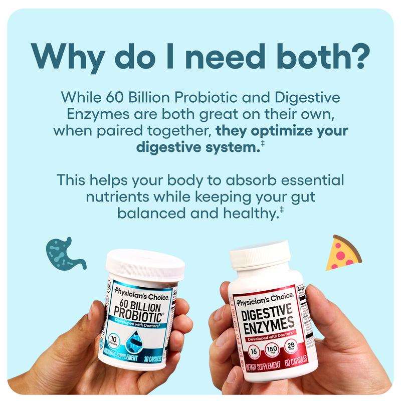 Physicians Choice Hack Your Tummy Bundle: Bloating, Digestion & Immune Support for Men & Women with Digestive Enzymes & 60 Billion ProbioticBrand: Physician's Choice
Dietary Supplement Disclaimer: Yes
Flavor: Unflavored
Age Group: Adults
Health Benefits: Digestion Support, Immunity Support, Gut Health
Product Form: Capsules
Manufacturer: Physician's Choice
Age Warning: No
Ingredients: Probiotics + Digestive Enzymes
Region of Origin: USAML Clinic  for Wellness