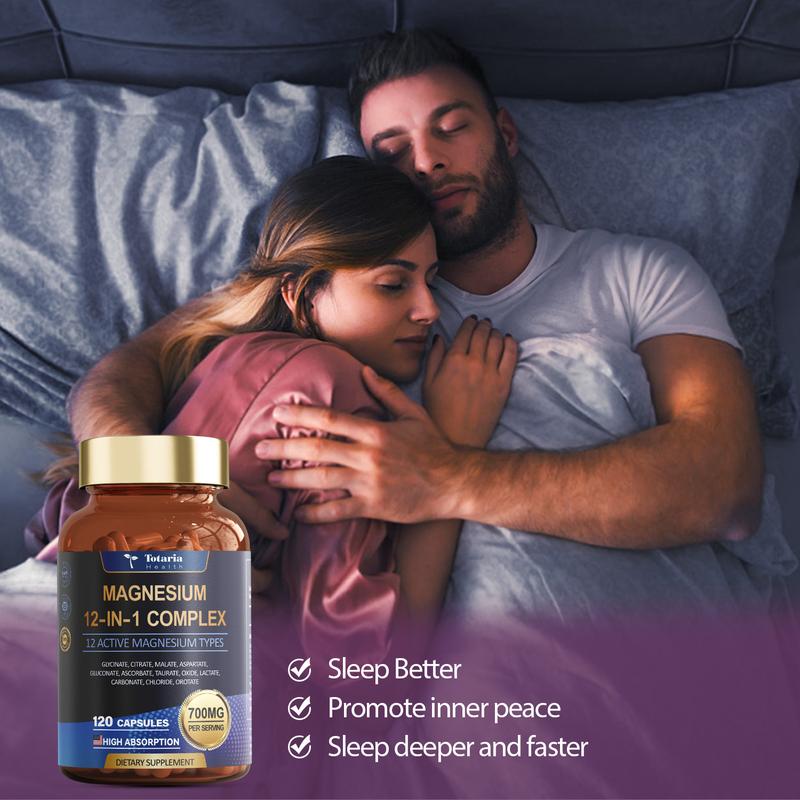 Totaria 12-in-1 Magnesium Complex 700mg - Supplement with Glycinate, Citrate, Malate, Oxide, Taurate, Aspartate, Orotate, Vegan Capsules for Muscle, Heart, and Relaxation SupportIngredient Feature: GMO Free  
 Dietary Supplement Disclaimer: Yes  
 FDA Registration No.: 19071519956  
 Age Group: Adults  
  Health Benefits: Bone Health, Brain Health, Energy, Heart Health  
 Recommended Age: 18+  
 Quantity Per Pack: 1  
 Volume: 120 capsules  
 Net Weight: 200g  
 Pack Type: Single Item  
 Product Form: Capsules  
 Manufacturer: Totaria  
 Age Warning: Yes  
 Ingredients: Magnesium  
 Region of Origin: USAML Clinic  for Wellness