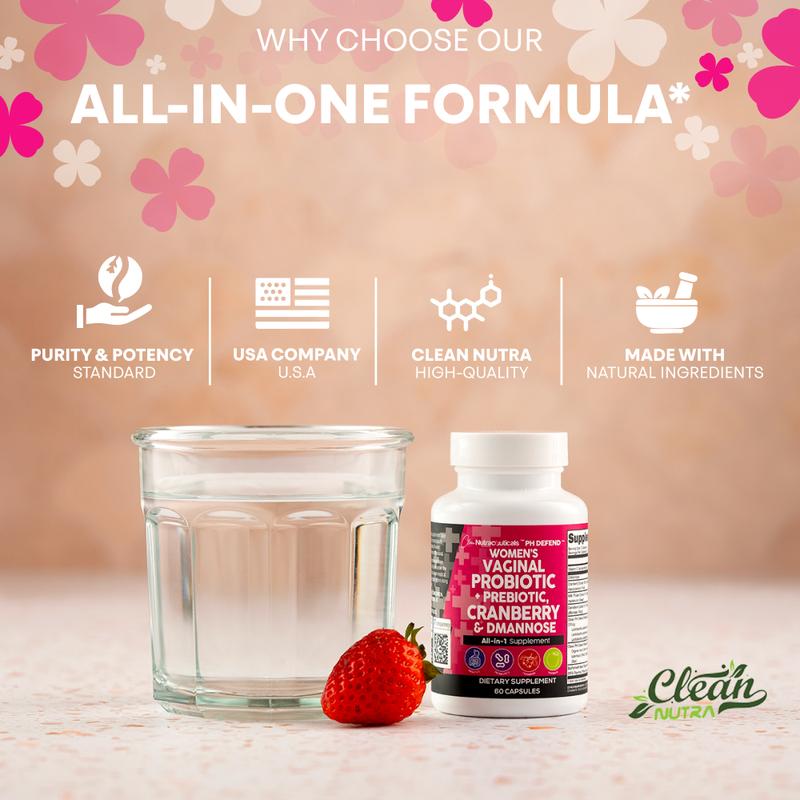 Clean Nutra PH Defend Probiotics for Women Balance with Prebiotics Cranberry Dmannose - Healthy Odor and Tract Support Made in USA Pills SupplementBrand: Clean Nutra
Ingredient Feature: Dairy Free, Soy Free, Sugar Free, Lactose Free
Dangerous Goods or Hazardous Materials: None
Dietary Supplement Disclaimer: Yes
Health Benefits: Multivitamin, Energy
Shelf Life: 24 Months
Product Form: Capsules
Manufacturer: Clean Nutraceuticals
Age Warning: Yes
Ingredients: Digestive Enzymes, Prebiotics, D-Mannose, Cranberry, Women's Probiotic
Region of Origin: USAML Clinic  for Wellness
