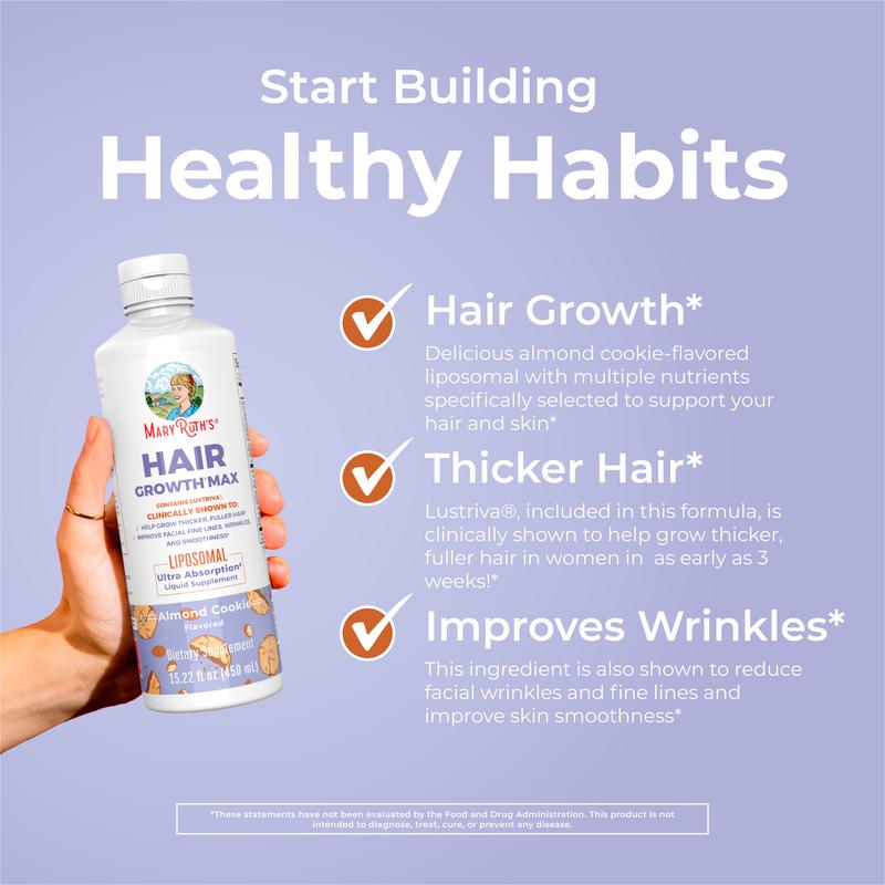 MaryRuth's Hair Growth Max Liposomal - Lustriva + Biotin 10000mcg + Pumpkin Seed Oil - Thicker Hair - Improves Wrinkles & Fine Lines - 15.22 Fl OzBrand: MaryRuth's
Ingredient Feature: GMO Free, Vegan, Sugar Free, Gluten Free, Dairy Free
Dietary Supplement Disclaimer: Yes
CA Prop 65: ReproChemicals: No
CA Prop 65: Carcinogens: No
Flavor: Almond Cookie
Health Benefits: Hair & Nail Care, Skin Care
Quantity Per Pack: 1
Pack Type: Single Item
Product Form: Liquid
Manufacturer: MaryRuth's
Age Warning: Yes
Ingredients: 15
Region of Origin: USAML Clinic  for Wellness