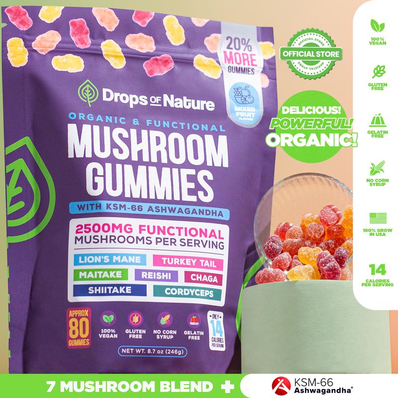 [OFFICIAL STORE] Drops Of Nature Mushroom Gummies| Ashwagandha KSM-66, Lion's Mane, Shiitake, Turkey Tail, Reishi, Maitake, Chaga, Cordyceps| Vegan Mushroom Supplement| Mixed Fruit, 80 GummiesML Clinic  for Wellness