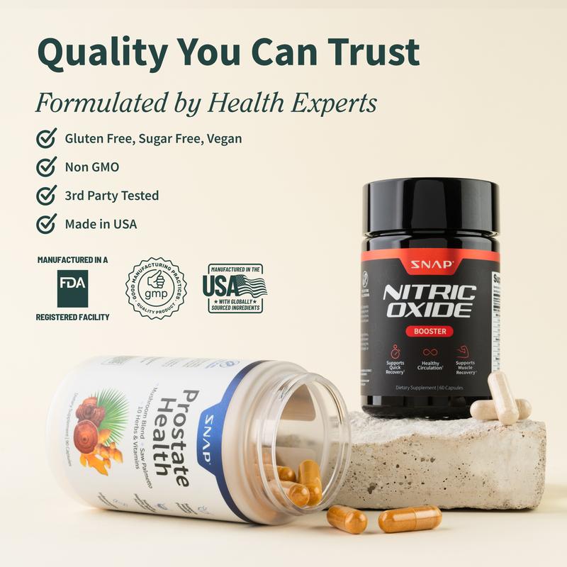 Snap Supplements - Nitric Oxide Booster 90CT + Prostate Health Bundle - Natural Supplement Capsules - Support Blood Circulation & Prostate HealthBrand: Snap Supplements  
 Ingredient Feature: Gluten Free, GMO Free, Vegan, Sugar Free, Soy Free  
 Dietary Supplement Disclaimer: Yes  
 Age Group: Adults  
  Health Benefits: Prostate Support, Blood Pressure Control, Brain Health, Detoxing, Heart Health, Immune, Energy  
 Recommended Age: 18+  
 Pack Type: Multi-pack  
 Shelf Life: 18 Months  
 Product Form: Capsules  
 Manufacturer: Snap Supplements  
 Age Warning: Yes  
 Ingredients: Zinc, Magnesium, Copper, Turmeric, Mushroom Powder, L-Arginine, L-Citrulline, Tribulus Terestris, Asian Ginseng, Muira Puama Bark, Saw Palmetto  
 Region of Origin: USAML Clinic  for Wellness