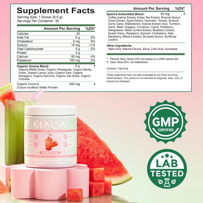 Kiala Nutrition Super Greens, Organic Greens Powder with Spirulina & Chlorella for Digestion, Gut Health, Immunity & Energy, Vegan, Watermelon SlushBrand: Kiala Nutrition  
 Ingredient Feature: Gluten Free, Vegan, GMO Free, Dairy Free, Organic, Sugar Free, Soy Free, Lactose Free  
 Dietary Supplement Disclaimer: Yes  
  Health Benefits: Clear Skin, Immunity, Digestion, Gut Health, Metabolism, Detoxing, Immune  
 Manufacturer: Kiala Nutrition  
 Age Warning: No  
 Ingredients: See Supplement Facts  
 Region of Origin: USAML Clinic  for Wellness