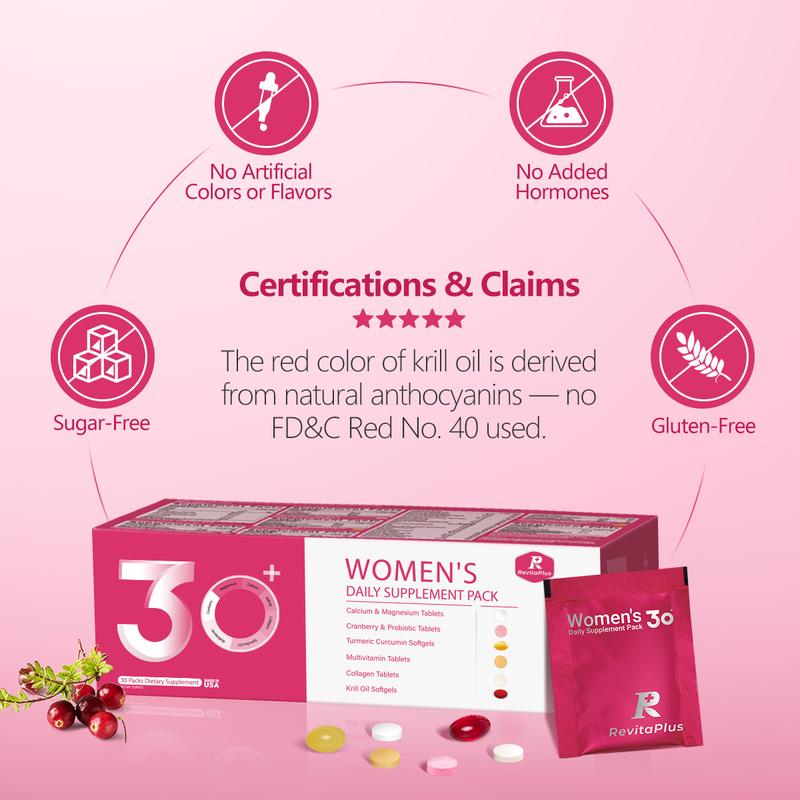 RevitaPlus Beautypack Women's Daily Supplement|  Multivitamin, Calcium, Magnesium, Cranberry, Probiotics, Turmeric, Collagen, Krill Oil| Skin, Hair, Anti-aging & Stress Support| 30-Day Wellness Pack Dietary CollagenDietary Supplement Disclaimer: Yes
Shelf Life: 24 Months
Manufacturer: FUNFINE INC
Age Warning: Yes
Ingredients: vitamins
Region of Origin: USAML Clinic  for Wellness
