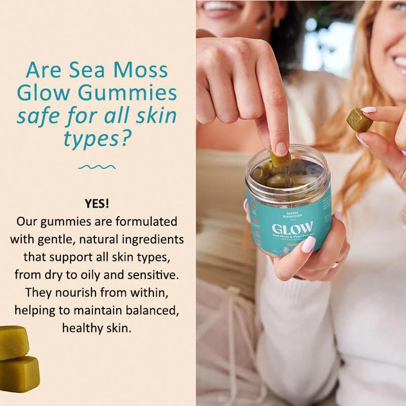 Sea Moss & Pearl Powder Glow Gummies - Supplement for Collagen & Skin - EdibleBrand: Akasha Superfoods  
 Ingredient Feature: Gluten Free, GMO Free, Soy Free, Dairy Free  
 Dangerous Goods or Hazardous Materials: None  
 Dietary Supplement Disclaimer: Yes  
 Quantity Per Pack: 60  
 Net Weight: 4oz  
 Shelf Life: 18 Months  
 Manufacturer: Akasha Superfoods  
 Age Warning: Yes  
 Ingredients: Organic Irish Sea Moss  
 Region of Origin: USAML Clinic  for Wellness