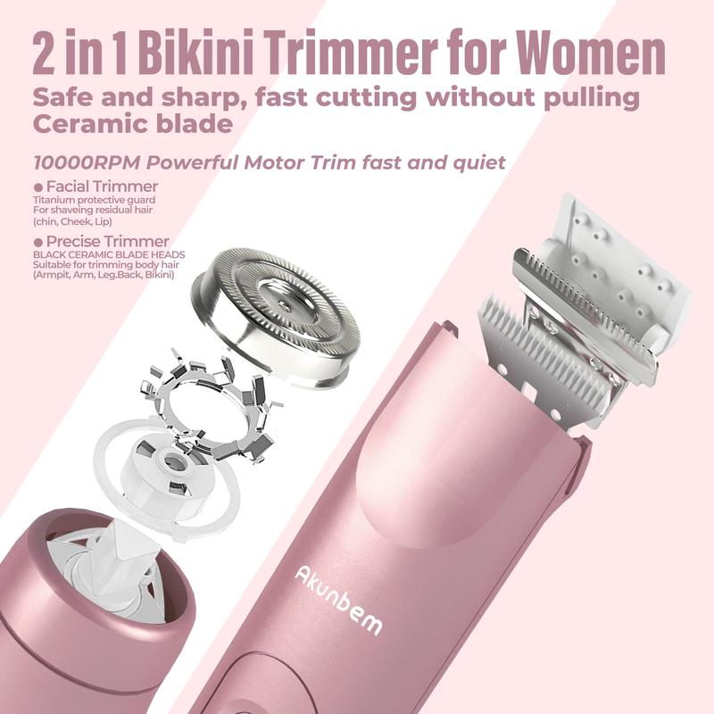 Akunbem Bikini Trimmer for Women, Electric Shaver and Razor Rechargeable 2-in-1 Body and Facial Epilator, Dual Heads for Painless Trimming of Pubic Hair, Face, Underarms and Legs, IPX7 WaterproofChristmas Gift New Year Gift Shaving GroomingML Clinic  for Wellness