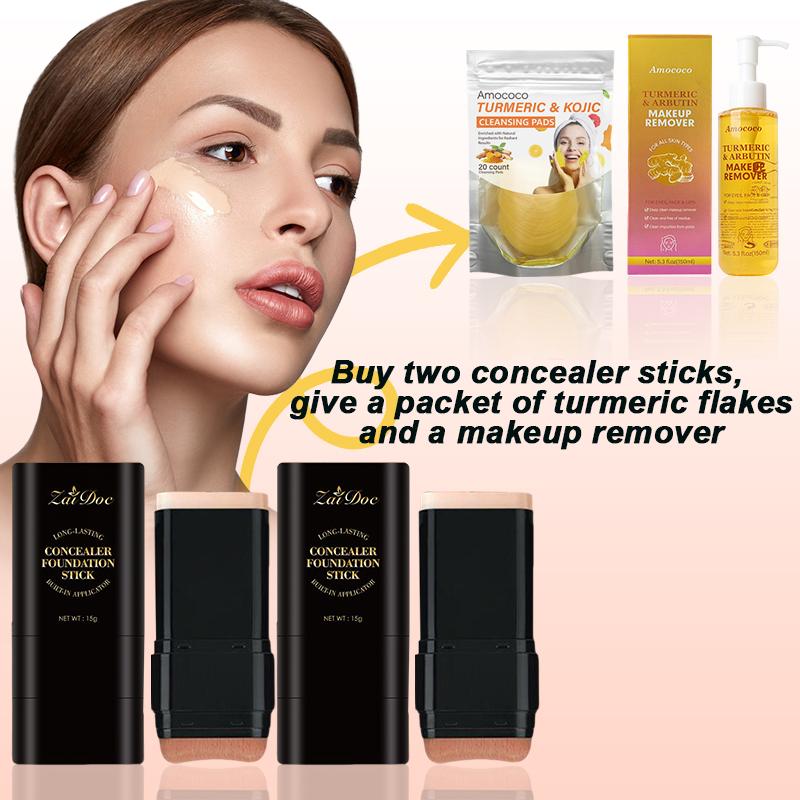 Zaidoc Foundation Concealer Stick, Dual-ended with Built-in Brush, Moisturizing & Lightweight - Buy 2 Concealer Sticks, Get 1 Cleansing Oil & 1 Pack Turmeric Cleansing Sheets FreeML Clinic  for Wellness