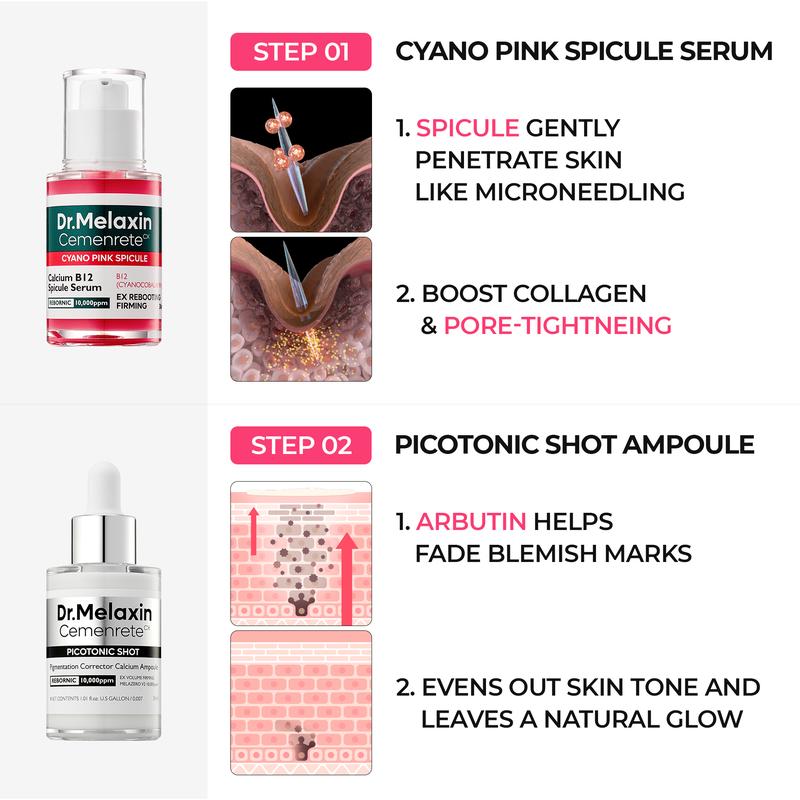 [Dr. Melaxin Official Shop] Lumi Glow Triple Care Set| Pore Care & Fade Blemish Marks Exfoliating Deep CleansingContains Batteries or Cells?: None  
 Dangerous Goods or Hazardous Materials: None  
 Aerosols: No  
 Flammable Liquid: No  
 Region of Origin: Korea  
 Age Group: ALL AGES  
 Net Weight: 726  
 Pack Type: Multi-pack  
 Benefits: Improve Skin Texture, Firm Skin, Even Out Skin Tone, Brighten Dull Skin, Fade Blemish Marks, Minimize Pores, Pore Control, Soothing, Brightening, Hydration, Tighten, Moisturizing, Even Out Skin Tone & Texture  
 Quantity Per Pack: 5  
 Skin Type: All Skin Types  
 Edition: Regular Edition  
 Product Form: bubble  
 Contains Alcohol or Aerosol: Contains Neither  
 Shelf Life: 24 Months  
 Ingredients: Alpha Arbutin, Hyaluronic Acid, Spicule, Pink Vitamin B12, Collagen Extract, Niacinamide  
 Manufacturer: COSMECCA KOREAML Clinic  for Wellness