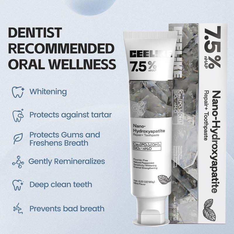 Ceelike Fluoride-Free Hydroxyapatite Toothpaste| Enamel Repair & Fresh Breath| Gentle Mint Flavor| 4.23 oz Oral Care#dealsforyoudaysBrand: CEELIKE
Contains Batteries or Cells?: None
Dangerous Goods or Hazardous Materials: None
Aerosols: No
Flammable Liquid: No
Region of Origin: China
Material Type Free: chemical free
Product Form: Cream
Age Group: Everyone
Medical or Non-Medical Use: Non-Medical
Contains Alcohol or Aerosol: Contains Neither
Pack Type: Single Item
Ingredients: Calcium Carbonate
Manufacturer: GuangdongML Clinic  for Wellness