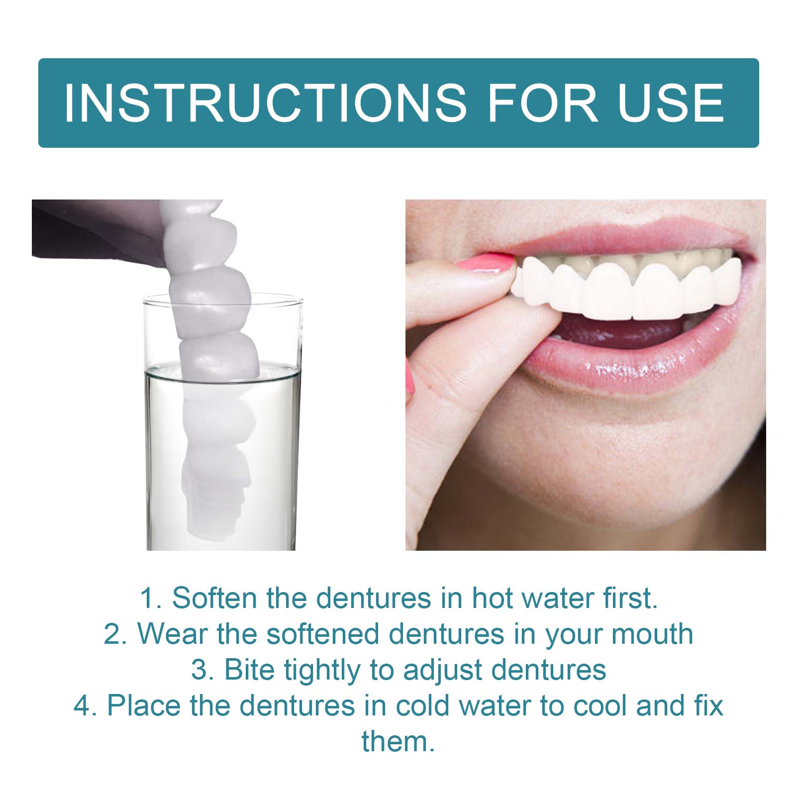 EELHOE Adjustable Snap-On Dentures Temporary Teeth Repair Teeth Gap Filling Teeth Correction Denture KitTeeth Correction Denture KitNet content: 1 pair  
 Product name: Adjustable snap-on dentures  
 Keywords: Teeth Straightening Denture Kit  
 Gross weight: 48g  
 Ingredients: Methyl Methacrylate  
 Packaging size: 9.3*9.3*2.3cm  
 Product size: 9*2cm  
 Box size: 56*36*21.5cm  
 Packing quantity: 160 pieces  
 Weight per box: 8.43kg  
 Shelf life: 3 years  
 Storage method: Please store in a cool and shaded placeTeeth Correction Denture KitML Clinic  for Wellness