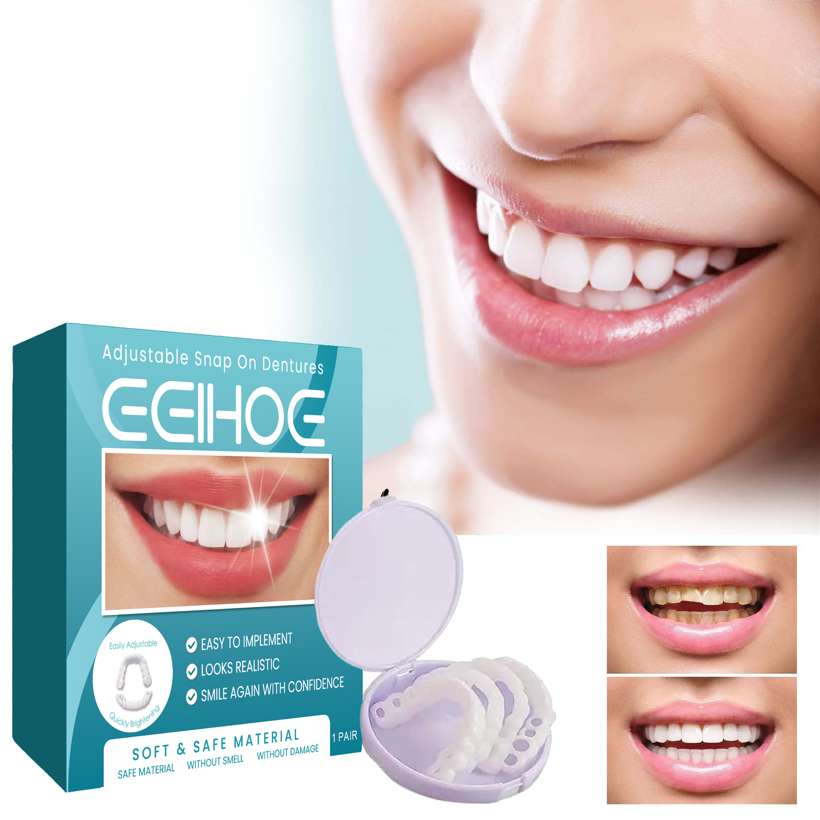 EELHOE Adjustable Snap-On Dentures Temporary Teeth Repair Teeth Gap Filling Teeth Correction Denture KitTeeth Correction Denture KitNet content: 1 pair  
 Product name: Adjustable snap-on dentures  
 Keywords: Teeth Straightening Denture Kit  
 Gross weight: 48g  
 Ingredients: Methyl Methacrylate  
 Packaging size: 9.3*9.3*2.3cm  
 Product size: 9*2cm  
 Box size: 56*36*21.5cm  
 Packing quantity: 160 pieces  
 Weight per box: 8.43kg  
 Shelf life: 3 years  
 Storage method: Please store in a cool and shaded placeTeeth Correction Denture KitML Clinic  for Wellness
