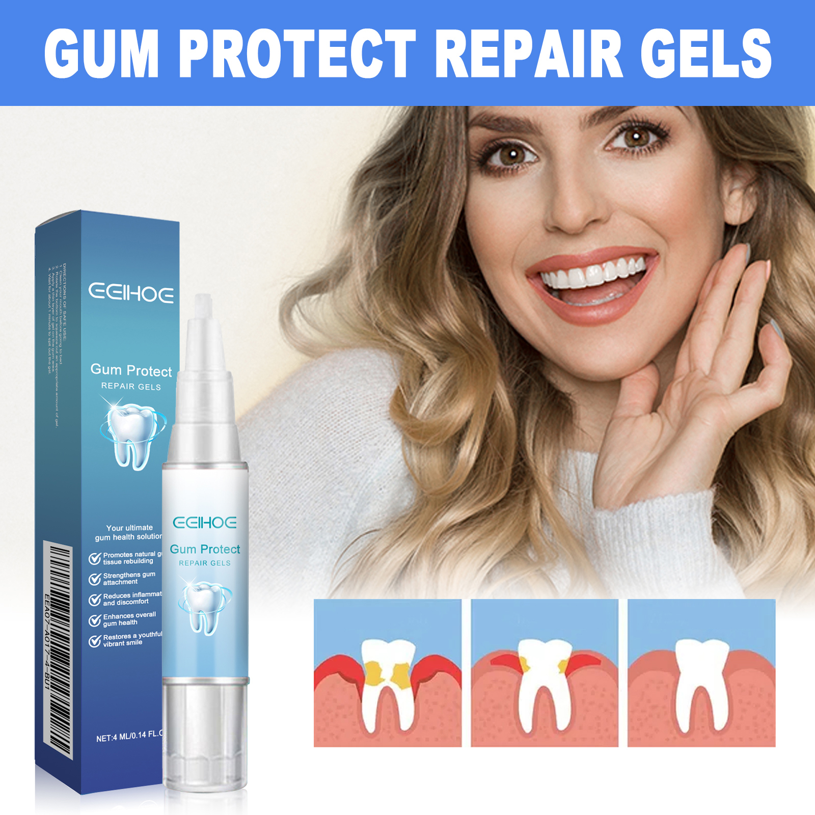 EELHOE Tooth Care Gel Gentle Care Cleans Yellow Teeth Stains Tartar Stains Fresh Care GelTooth Care GelNet content: 4ml  
 Product name: Teeth care gel  
 Keywords: Oral Care, Teeth Repair  
 Gross weight: 17g  
 Ingredients: Glycerin, Propylene Glycol, Carbomer  
 Packaging size: 1.5*1.5*12.7cm  
 Product size: 1.2*12.5cm  
 Box size: 56*36*21.5cm  
 Packing quantity: 1008 pieces  
 Weight of one box: 16.87kg  
 Shelf life: 3 years  
 Storage method: Please store in a cool and shaded placeTooth Care GelML Clinic  for Wellness