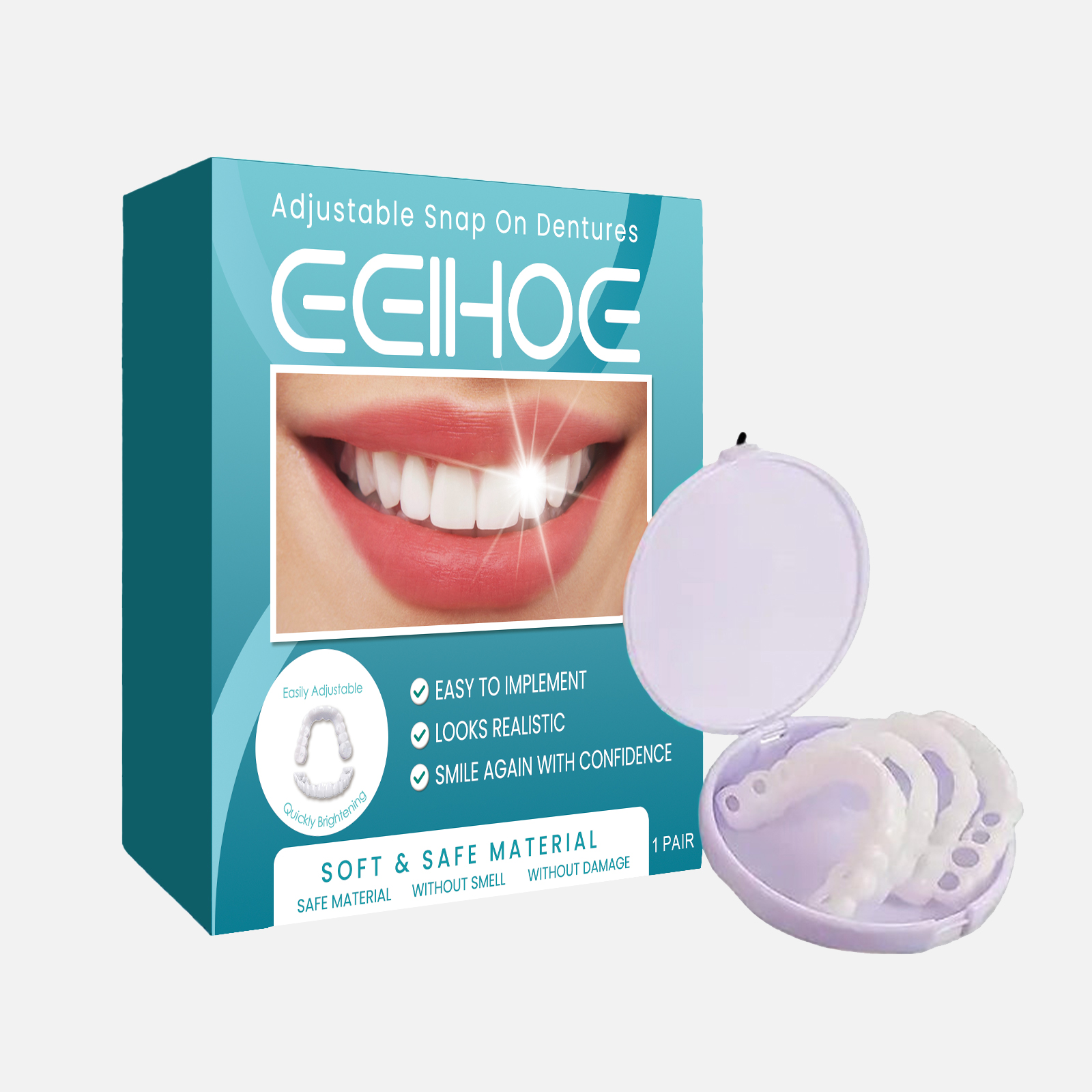 EELHOE Adjustable Snap-On Dentures Temporary Teeth Repair Teeth Gap Filling Teeth Correction Denture KitTeeth Correction Denture KitNet content: 1 pair  
 Product name: Adjustable snap-on dentures  
 Keywords: Teeth Straightening Denture Kit  
 Gross weight: 48g  
 Ingredients: Methyl Methacrylate  
 Packaging size: 9.3*9.3*2.3cm  
 Product size: 9*2cm  
 Box size: 56*36*21.5cm  
 Packing quantity: 160 pieces  
 Weight per box: 8.43kg  
 Shelf life: 3 years  
 Storage method: Please store in a cool and shaded placeTeeth Correction Denture KitML Clinic  for Wellness