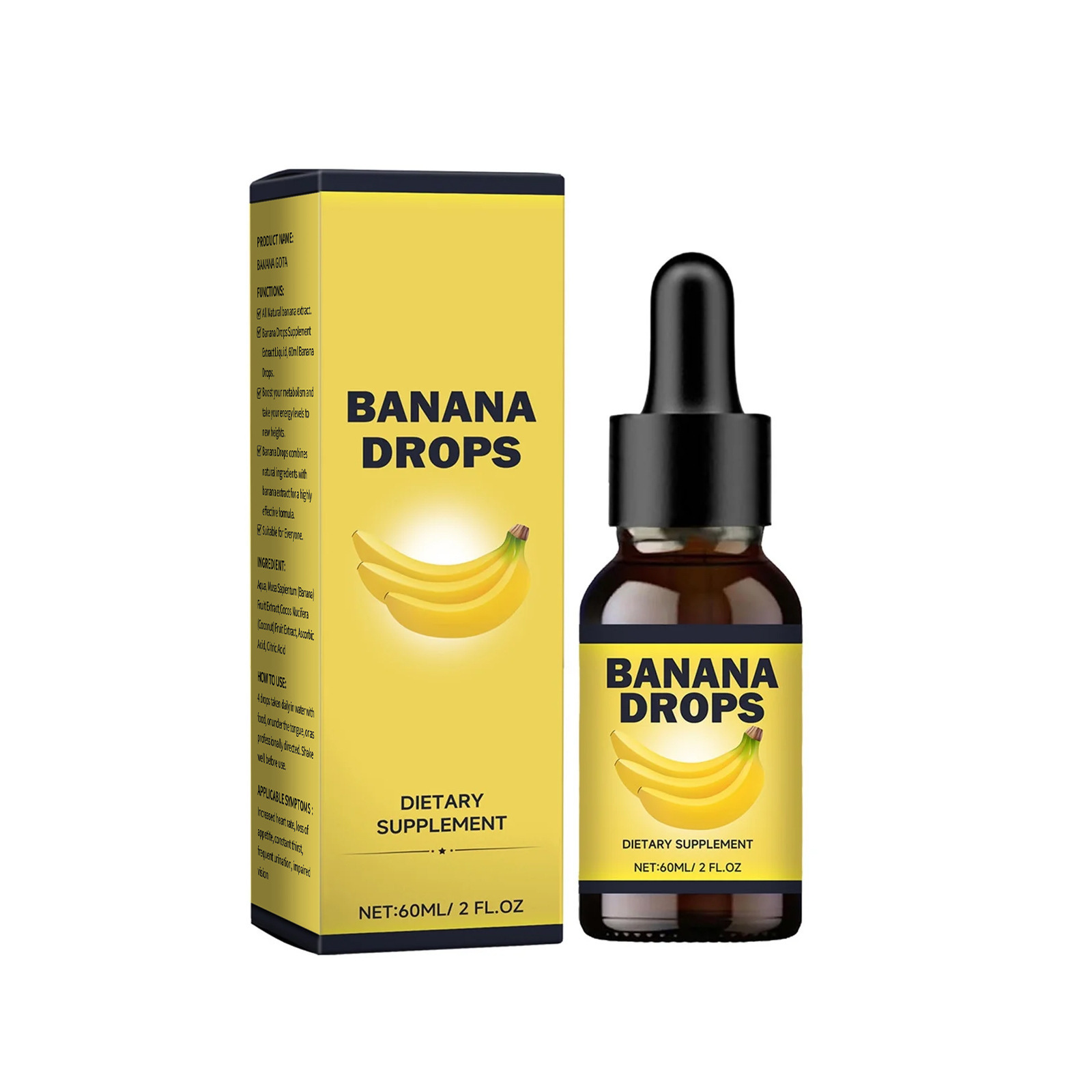 BANANA DROPS Banana Drops Extract Dietary Supplement BodyBANANA DROPSBrand: Other
Brand Type: OEM
Whether to import: No
Efficacy: Other
Color classification: 60ml Banana Drops, 60ml Banana Drops 2
Main downstream platforms: AliExpress, independent stations, others
Main sales regions: Africa, Europe, South America, Southeast Asia, North America, Northeast Asia, Middle East, others
Whether cross-border export exclusive supplier: Yes
Special Purpose Cosmetics: No
Category: Body Care Set
Product Name: Body Care DropsBANANA DROPSML Clinic  for Wellness