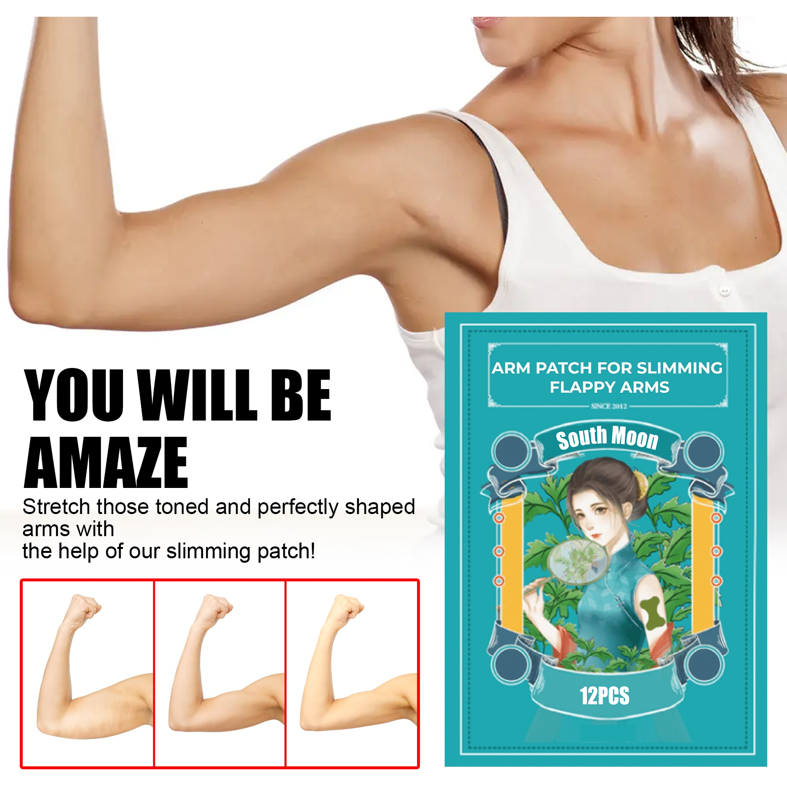 South Moon Mugwort Arm Patch Natural Herbal Moxibustion Patch for Arms and LegsMugwort Arm PatchNet content: 12 pieces  
 Product Name: Mugwort Arm Patch  
 Keywords: Arm Slimming Shaping  
 Gross weight: 49g  
 Ingredients: Mugwort, Peppermint, Borneol  
 Packaging size: 16*12cm  
 Product size: 13*10cm  
 Box size: 56*36*21.5cmMugwort Arm PatchML Clinic  for Wellness