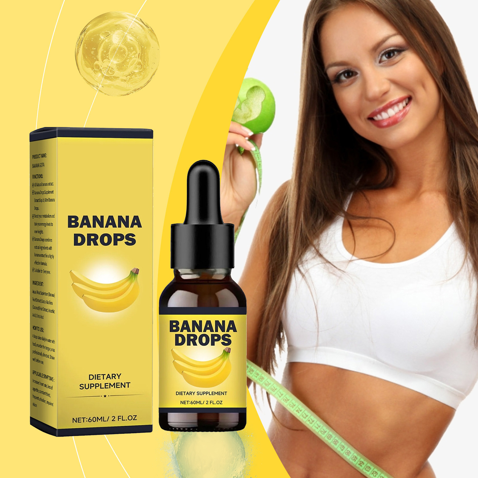 BANANA DROPS Banana Drops Extract Dietary Supplement BodyBANANA DROPSBrand: Other
Brand Type: OEM
Whether to import: No
Efficacy: Other
Color classification: 60ml Banana Drops, 60ml Banana Drops 2
Main downstream platforms: AliExpress, independent stations, others
Main sales regions: Africa, Europe, South America, Southeast Asia, North America, Northeast Asia, Middle East, others
Whether cross-border export exclusive supplier: Yes
Special Purpose Cosmetics: No
Category: Body Care Set
Product Name: Body Care DropsBANANA DROPSML Clinic  for Wellness