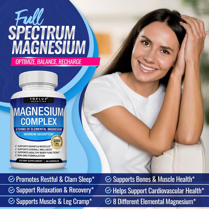 Toplux Magnesium Complex 8 Essential Magnesium Supplement 1000mg Fitness EdibleEssential MagnesiumBrand: TOPLUX  
 Ingredient Feature: Vegan, GMO Free  
 Dangerous Goods or Hazardous Materials: No  
 Dietary Supplement Disclaimer: Yes  
 Health Benefits: Sleep, Bone Health  
 Product Form: Capsules  
 Manufacturer: Toplux  
 Age Warning: Yes  
 Ingredients: Magnesium  
 Region Of Origin: United StatesEssential MagnesiumML Clinic  for Wellness