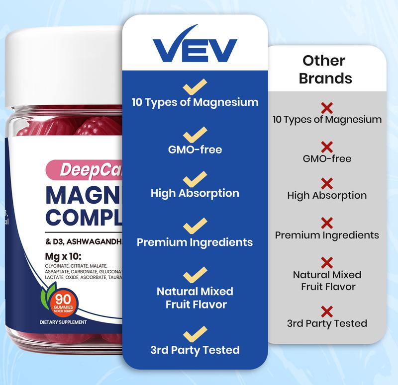 14-in-1 Magnesium Gummies with Ashwagandha, L-Theanine, Vitamin D3 & Zinc, Edible Healthcare Dietary14-in-1 Magnesium GummiesBrand: VEV
Dietary Supplement Disclaimer: Yes
Ingredient Feature: Vegan, Sugar Free
Dietary Needs: Vegan, Vegetarian
Age Group: Adults
Quantity Per Pack: 90
Pack Type: Single Item
Shelf Life: 24 Months
Product Form: Gummy
Region of Origin: USA
Age Warning: Yes
Ingredients: Zinc, Vitamin D3, Ashwagandha, L-Theanine, Magnesium Glycinate14-in-1 Magnesium GummiesML Clinic  for Wellness