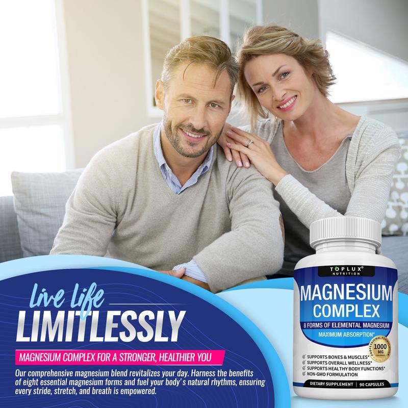 Toplux Magnesium Complex 8 Essential Magnesium Supplement 1000mg Fitness EdibleEssential MagnesiumBrand: TOPLUX  
 Ingredient Feature: Vegan, GMO Free  
 Dangerous Goods or Hazardous Materials: No  
 Dietary Supplement Disclaimer: Yes  
 Health Benefits: Sleep, Bone Health  
 Product Form: Capsules  
 Manufacturer: Toplux  
 Age Warning: Yes  
 Ingredients: Magnesium  
 Region Of Origin: United StatesEssential MagnesiumML Clinic  for Wellness