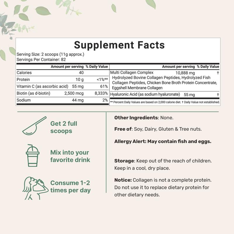 icro Ingredients Multi Collagen Peptides Powder - Hydrolyzed Protein Peptides (Tipe I, II, III, V, X) with Hyaluronic Acid, Biotin & Vitamin C UnflavoredMulti Collagen Peptides PowderBrand: Micro Ingredients
Ingredient Feature: Gluten Free, GMO Free, Sugar Free, Lactose Free, Soy Free, Dairy Free
Dietary Supplement Disclaimer: Yes
Flavor: Unflavored
Health Benefits: Hair & Nail Care, Skin Care
Quantity Per Pack: 1
Shelf Life: 720 days
Product Form: Powder
Manufacturer: Mico Ingredients
Age Warning: No
Ingredients: Multi Collagen Peptides Powder
Region of Origin: USAMulti Collagen Peptides PowderML Clinic  for Wellness