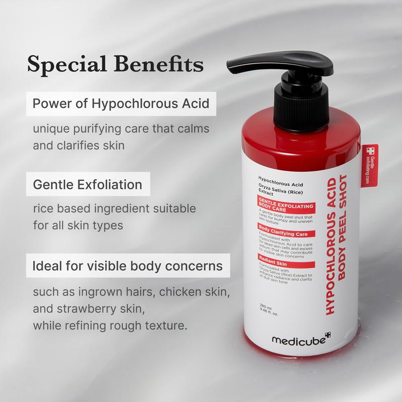 Medicube Hypochlorous Acid Rice Peel Shot Duo for Face & Body|  Gentle Exfoliating Serum for Dead Skin Cells & Pore Care, Blackheads & Excess Sebum Control|  Rice Extract, Hypochlorous, Panthenol for Hydrating & Smoothing CareAcid Rice Peel Shot Duo for FaceBrand: Medicube  
 Contains Batteries Or Cells?: None  
 Dangerous Goods or Hazardous Materials: No  
 Aerosols: No  
 Flammable Liquid: No  
 Region of Origin: Korea  
 Benefits: Pore Control, Soothing, Exfoliating, Smoothing, Dirt Removal, Clearing, Moisturizing  
 Skin Type: All Skin Types  
 Edition: Regular Edition  
 Ingredients: Water, Alcohol DENAT. CARBOMER, QUATERNIUM-60, PROPYLENE GLYCOL,1,2-HEXANEDIOL,DIPROPYLENE GLYCOL, CETRIMONIUM METHOSULFATE, CAPRYLYL METHICONE, CAPRYLYL GLYCOL,POLYGLYCERYL-10 OLEATE, ETHYLHEXYLGLYCERIN, CHARCOAL POWDER, HYPOCHLOROUS ACID(20PPM), GLUCOSE, CHLORELLA VULGAR EXTRACT,BUTYLENE GLYCOL, FRUCTOSE, FRUCTOOLIGOSACCHARIDES, TOCOPHEROL, SODIUM HYALURONATE CROSSPOLYMER, CYNANCHUM ATRATUM EXTRACT, XYLose, POLYGLUTAMIC ACID, ALTHAEA rose flower EXTRACT, CERAMIDE NP,SODIUM CHLORIDE, ALLANTOIN, PANTHENOL, ORYZA SATIVA (RICE) BRAN WATER,MELALEUCA ALTERNIFOLIA (TEA) TREE) LEAF Extract, Protease, Oryza SATIVA (RICE) EXTRACT, CENTELLA ASIATICA EXTRACT, HYDROLYZED HYALURONIC ACID  
 Manufacturer: COSMAXAcid Rice Peel Shot Duo for FaceML Clinic  for Wellness