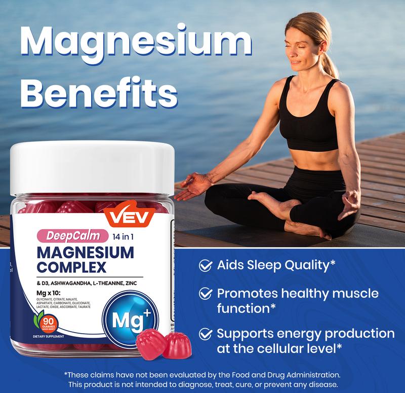 14-in-1 Magnesium Gummies with Ashwagandha, L-Theanine, Vitamin D3 & Zinc, Edible Healthcare Dietary14-in-1 Magnesium GummiesBrand: VEV
Dietary Supplement Disclaimer: Yes
Ingredient Feature: Vegan, Sugar Free
Dietary Needs: Vegan, Vegetarian
Age Group: Adults
Quantity Per Pack: 90
Pack Type: Single Item
Shelf Life: 24 Months
Product Form: Gummy
Region of Origin: USA
Age Warning: Yes
Ingredients: Zinc, Vitamin D3, Ashwagandha, L-Theanine, Magnesium Glycinate14-in-1 Magnesium GummiesML Clinic  for Wellness