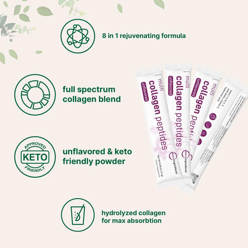 icro Ingredients Multi Collagen Peptides Powder - Hydrolyzed Protein Peptides (Tipe I, II, III, V, X) with Hyaluronic Acid, Biotin & Vitamin C UnflavoredMulti Collagen Peptides PowderBrand: Micro Ingredients
Ingredient Feature: Gluten Free, GMO Free, Sugar Free, Lactose Free, Soy Free, Dairy Free
Dietary Supplement Disclaimer: Yes
Flavor: Unflavored
Health Benefits: Hair & Nail Care, Skin Care
Quantity Per Pack: 1
Shelf Life: 720 days
Product Form: Powder
Manufacturer: Mico Ingredients
Age Warning: No
Ingredients: Multi Collagen Peptides Powder
Region of Origin: USAMulti Collagen Peptides PowderML Clinic  for Wellness