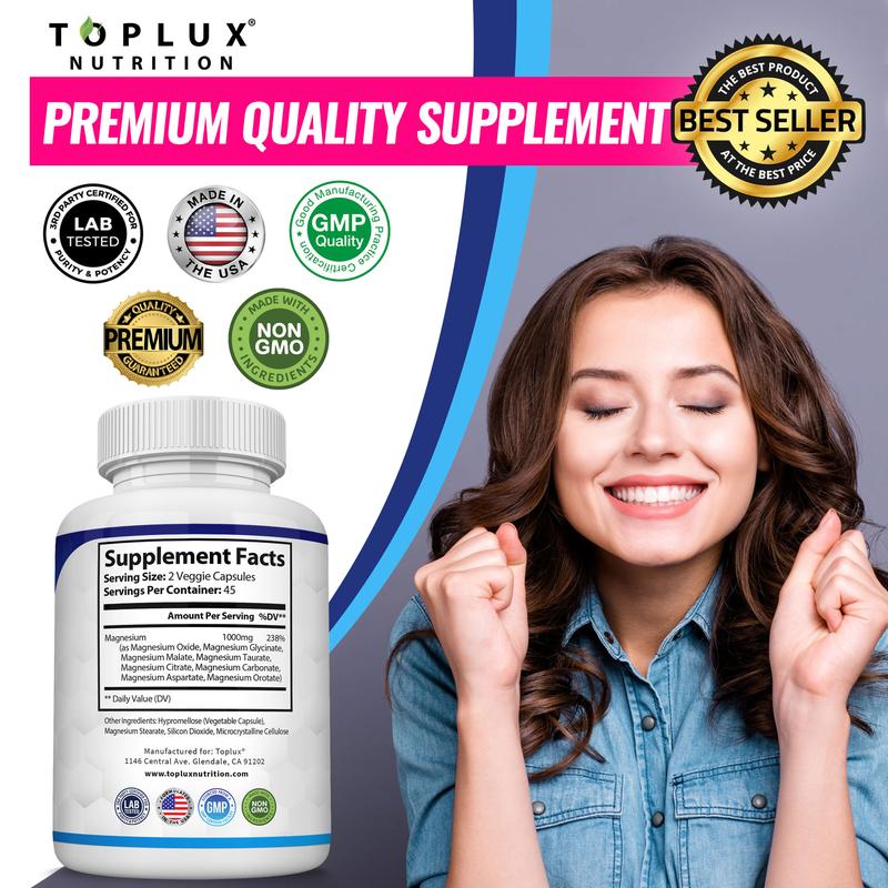 Toplux Magnesium Complex 8 Essential Magnesium Supplement 1000mg Fitness EdibleEssential MagnesiumBrand: TOPLUX  
 Ingredient Feature: Vegan, GMO Free  
 Dangerous Goods or Hazardous Materials: No  
 Dietary Supplement Disclaimer: Yes  
 Health Benefits: Sleep, Bone Health  
 Product Form: Capsules  
 Manufacturer: Toplux  
 Age Warning: Yes  
 Ingredients: Magnesium  
 Region Of Origin: United StatesEssential MagnesiumML Clinic  for Wellness