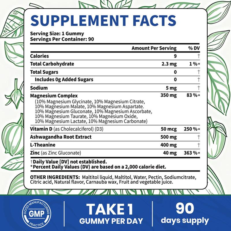 14-in-1 Magnesium Gummies with Ashwagandha, L-Theanine, Vitamin D3 & Zinc, Edible Healthcare Dietary14-in-1 Magnesium GummiesBrand: VEV
Dietary Supplement Disclaimer: Yes
Ingredient Feature: Vegan, Sugar Free
Dietary Needs: Vegan, Vegetarian
Age Group: Adults
Quantity Per Pack: 90
Pack Type: Single Item
Shelf Life: 24 Months
Product Form: Gummy
Region of Origin: USA
Age Warning: Yes
Ingredients: Zinc, Vitamin D3, Ashwagandha, L-Theanine, Magnesium Glycinate14-in-1 Magnesium GummiesML Clinic  for Wellness